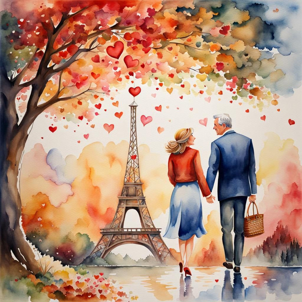 Middle-Aged Couple Falling in Love: Watercolor Painting