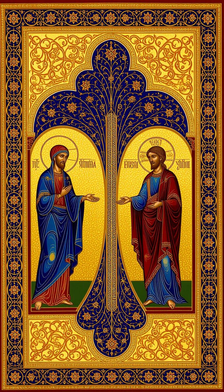 Byzantine Wall Design with Gold, Figures, and Gemstone Patte...