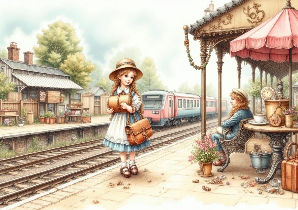 Girl Awaits Parents: Vintage Card Illustration