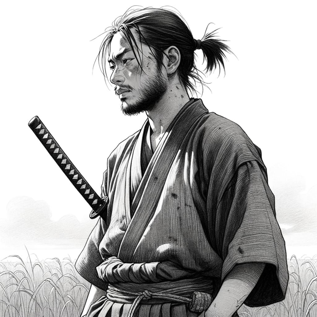 Blind Samurai in Field, Exhausted, Pencil Sketch Style