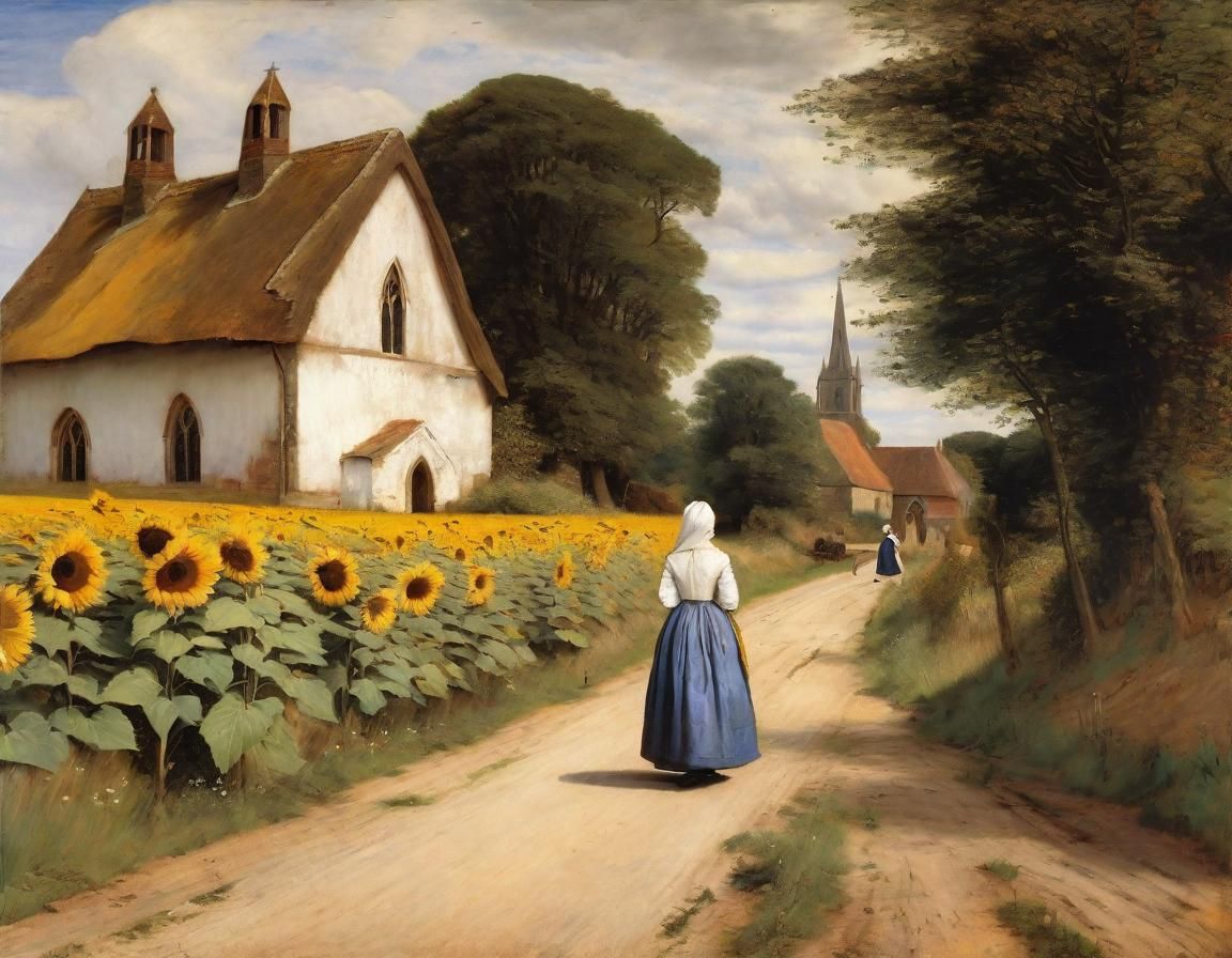 Village Scene with Sunflowers in Old Painting Style