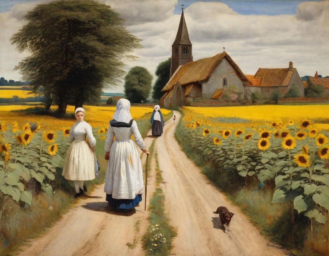 Village Scene with Sunflowers: An Oil Painting