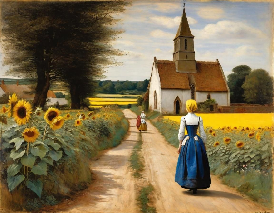 Village Scene with Sunflowers in Oil Pastel Style