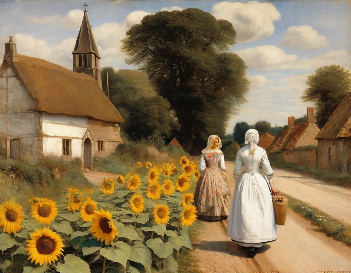 Village Landscape with Sunflowers in Old Painting Style