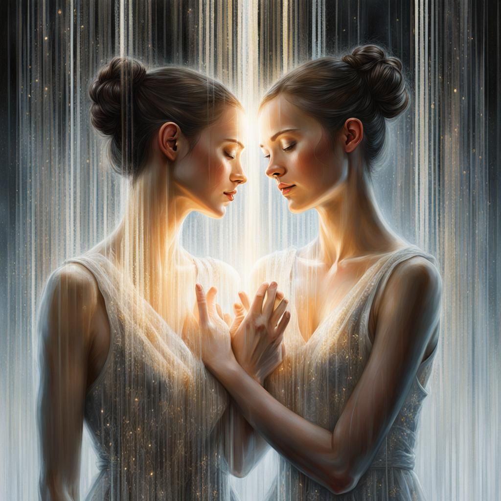 Embracing Couple Reflected in Cell-Shaded Digital Art