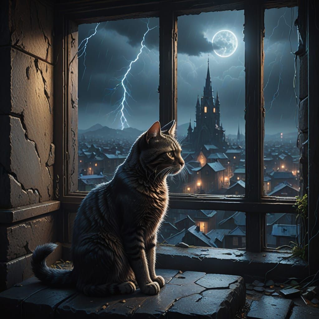 Ancient Cat Sees Through the Stormy Mystical Realm