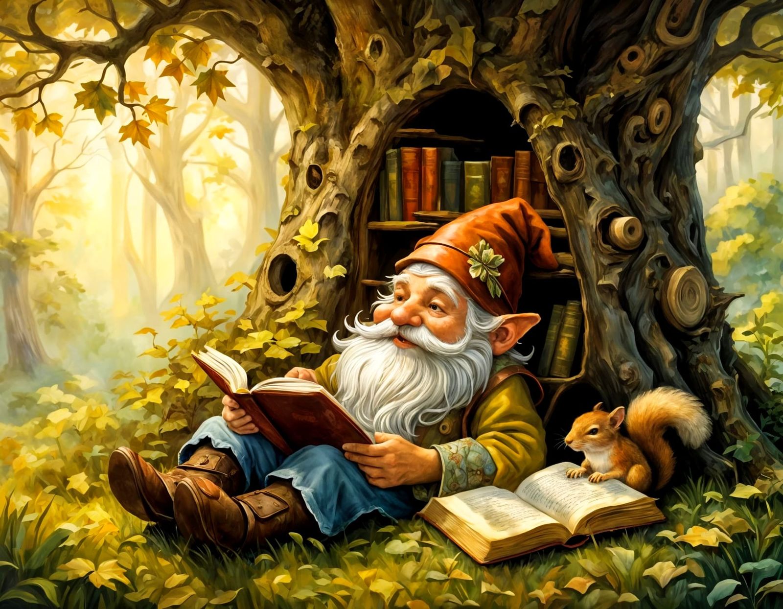 Sleeping Gnome's Enchanted Library: Oil Painting