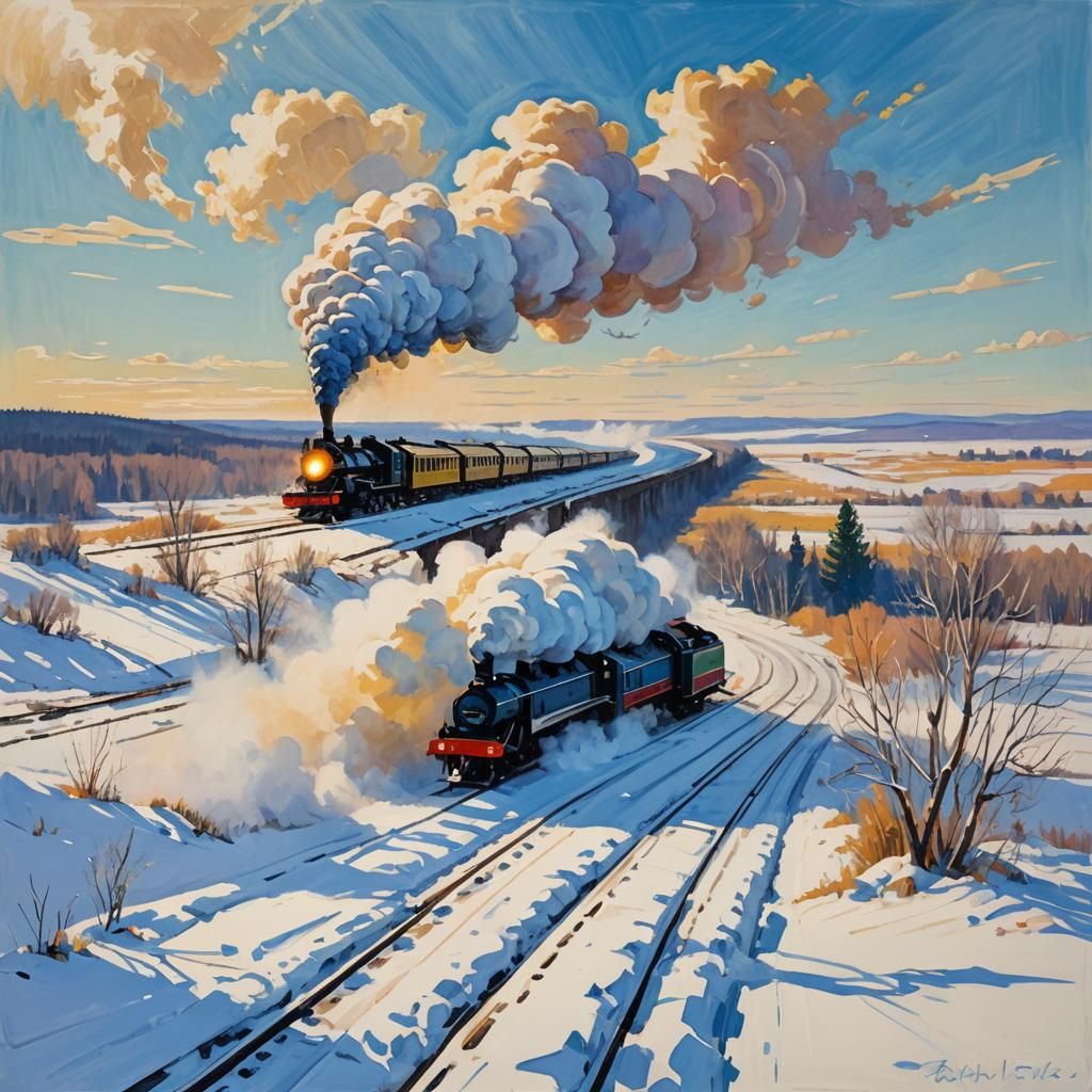 Steam Train on Snowy Plains as Gouache Painting
