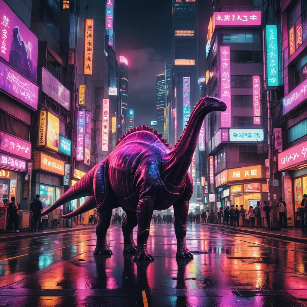 Neon-Retro Brontosaurus Strolls Futuristic Tokyo