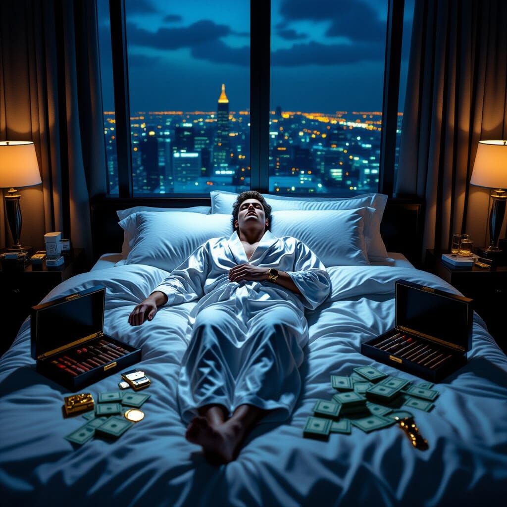 Lonely Rich Man in Dimly Lit Penthouse