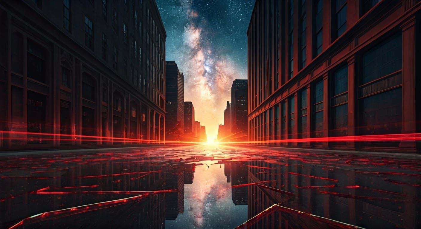 Cityscape at Night, Reflected in Shattered Glass, Under Gold...