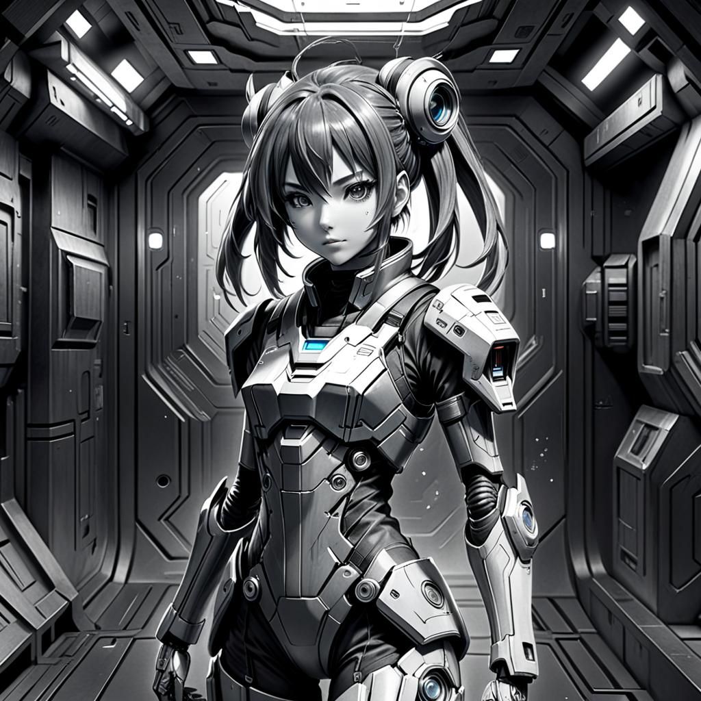 Hyperdetailed Charcoal Drawing of a Sci-Fi Anime Girl