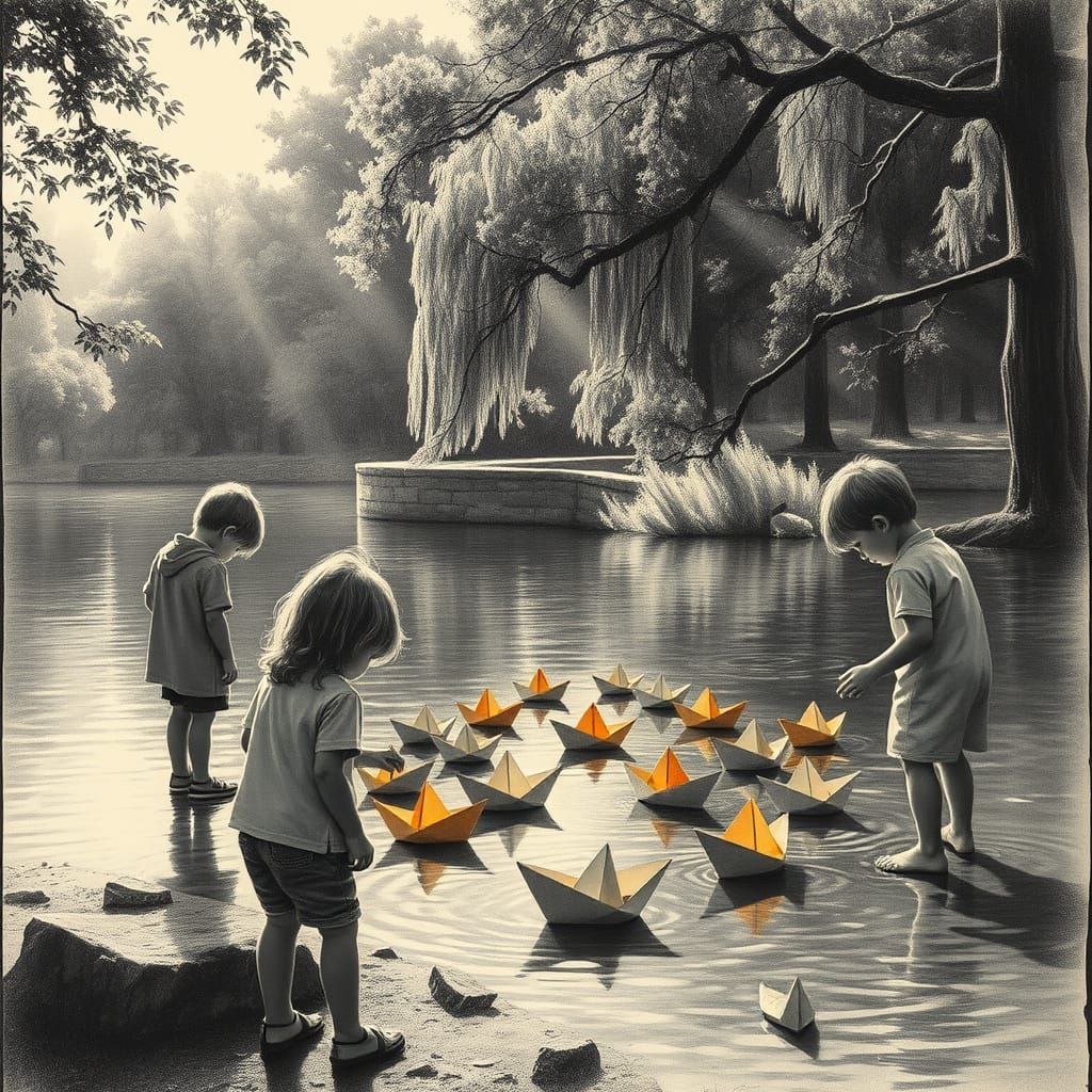 Whimsical Lake Scene in Charcoal Drawing Style