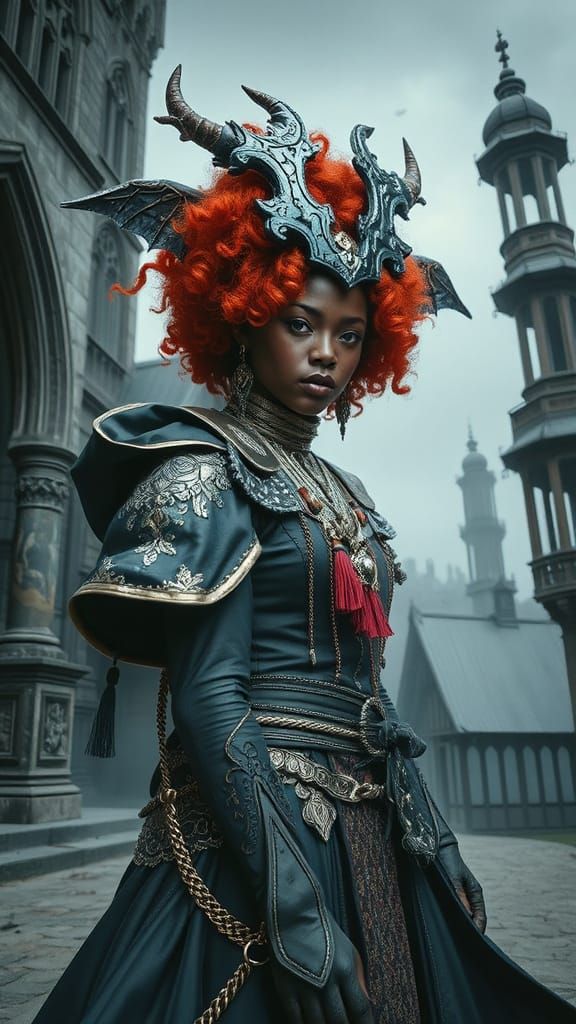 Blue Dragon Empire Warrior in Afrofuturist Neo-Gothic Style