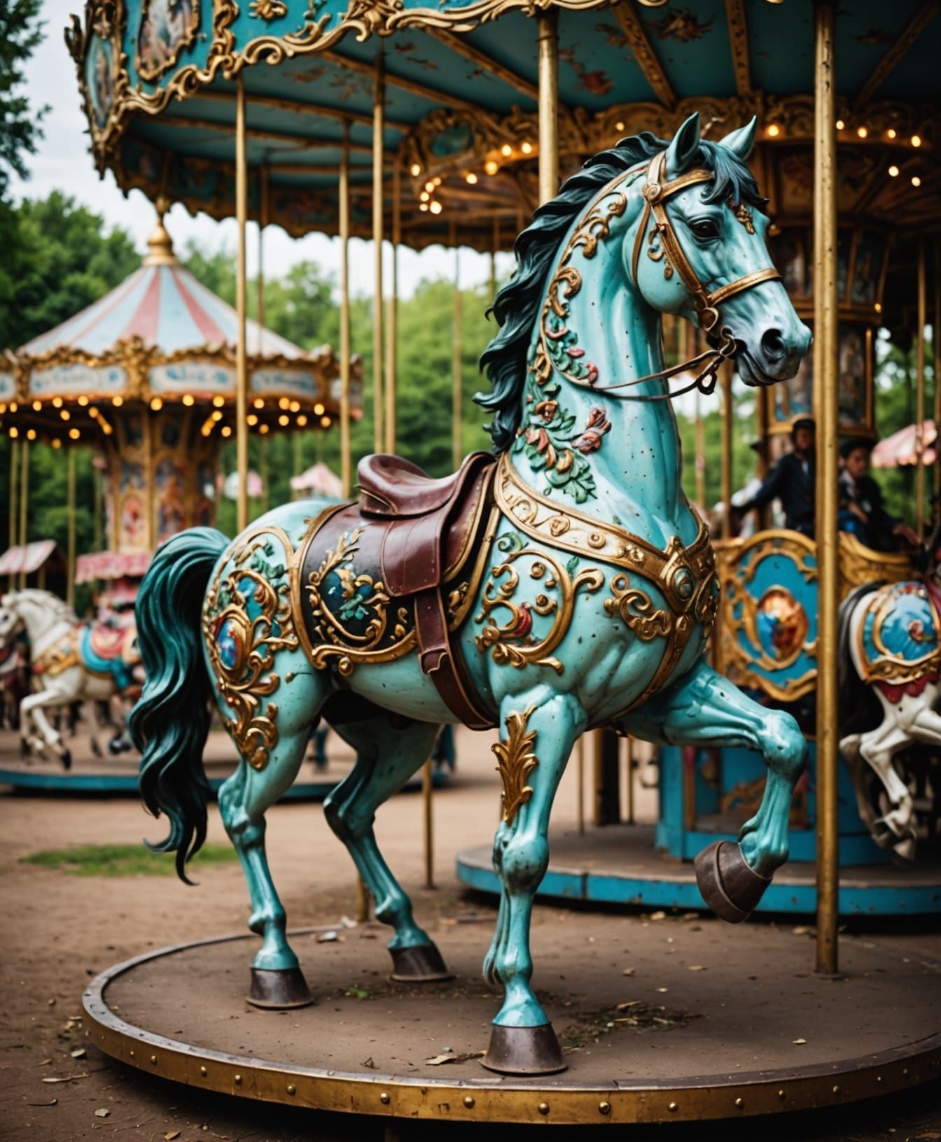 Faded Carousel Horse in Overgrown Park