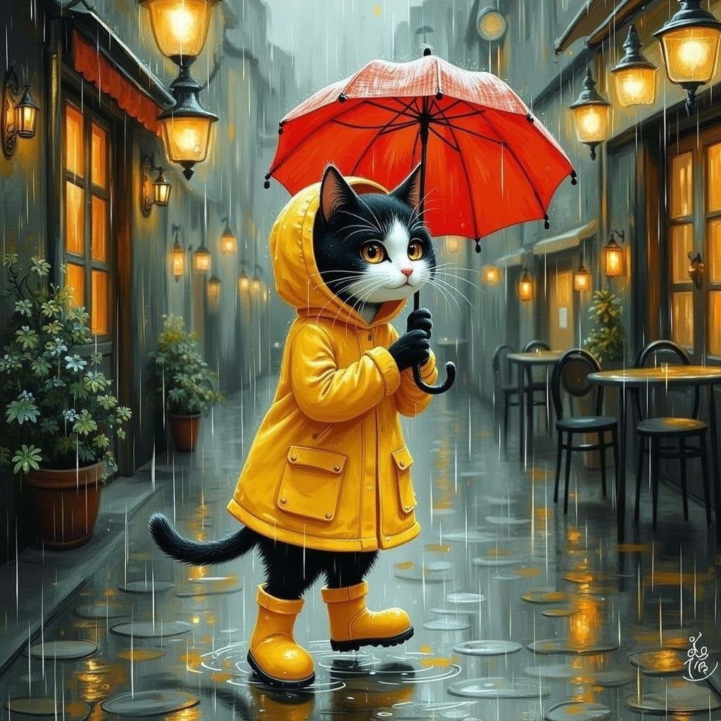 Vibrant Post-Impressionist Scene of a Rainy Cat