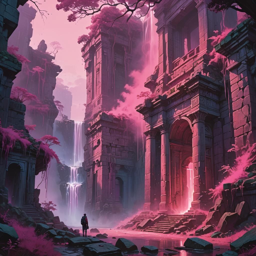Ethereal Pink Mist Swirling Around Ancient Ruins