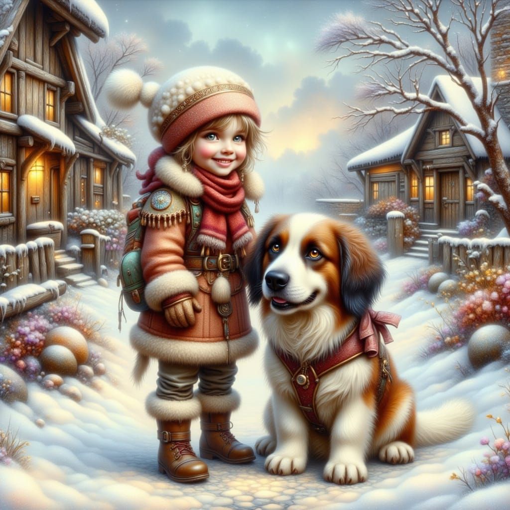 Cheerful Girl and St Bernard in Snowy Village