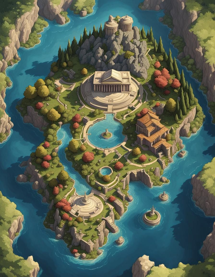 Mythological Greek World Map Fantasy Top-Down View