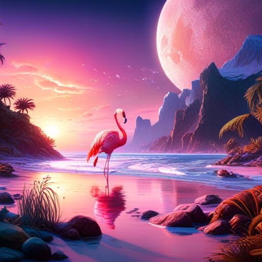 Flamingo Sipping Smoothie: Detailed Fantasy Art