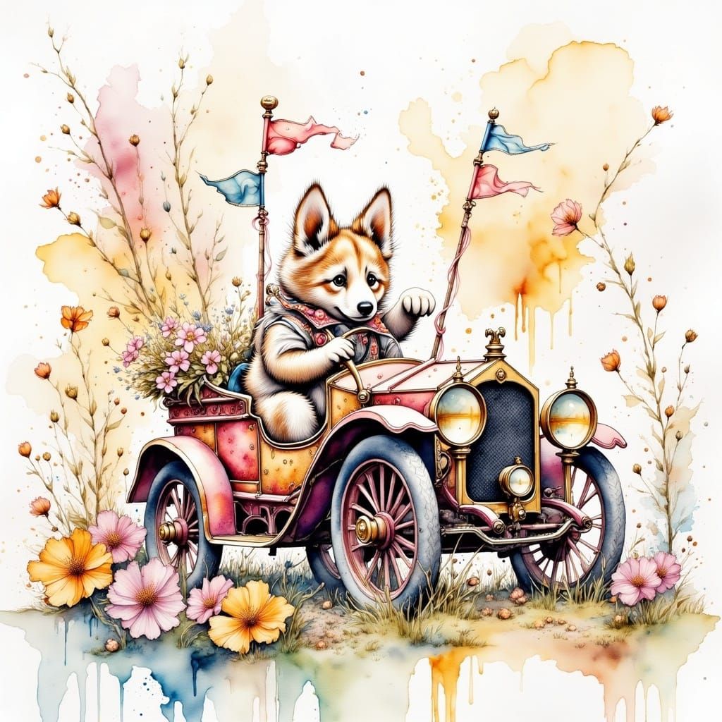 Chitty Chitty Bang Bang Car in Watercolor Style