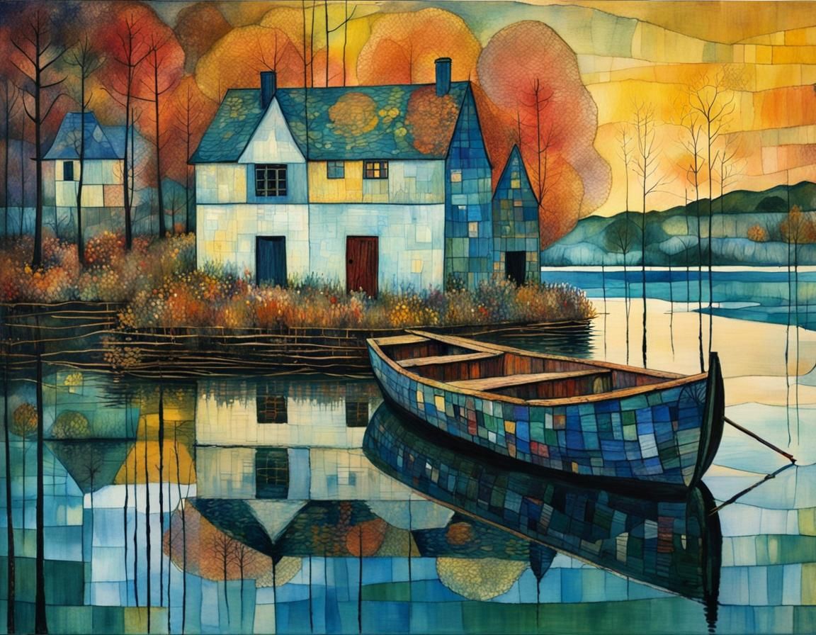 Autumn Lake: Art Brut Evening Landscape