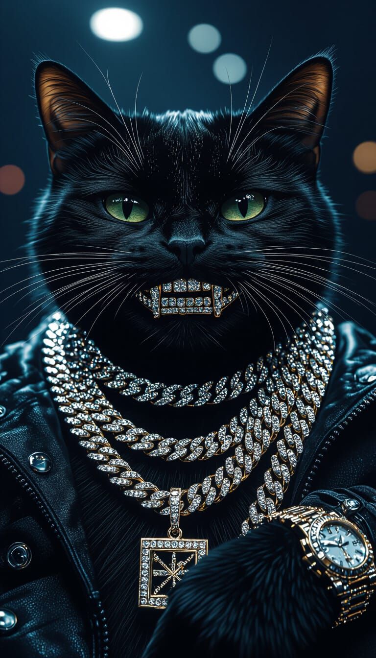 Cat with Iced Out Jewelry in Futuristic Style