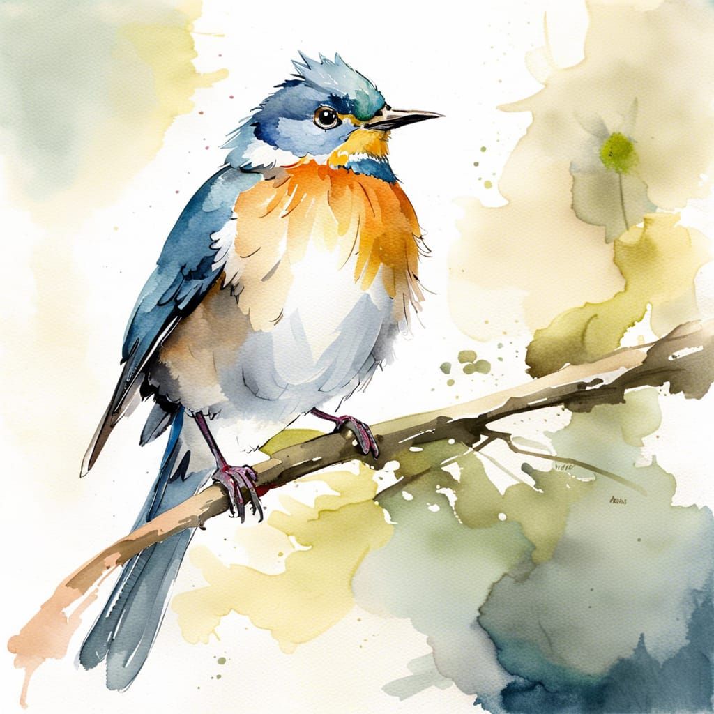 Watercolor Bird Portrait on Branch