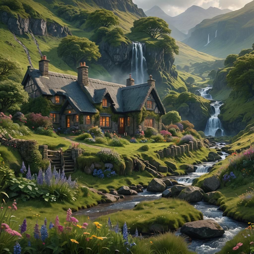 Scottish Cottage in Lush Valley: Fantasy Realism