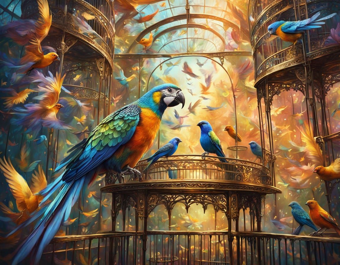 Surreal Aviary: Birds in Revolving Tiers