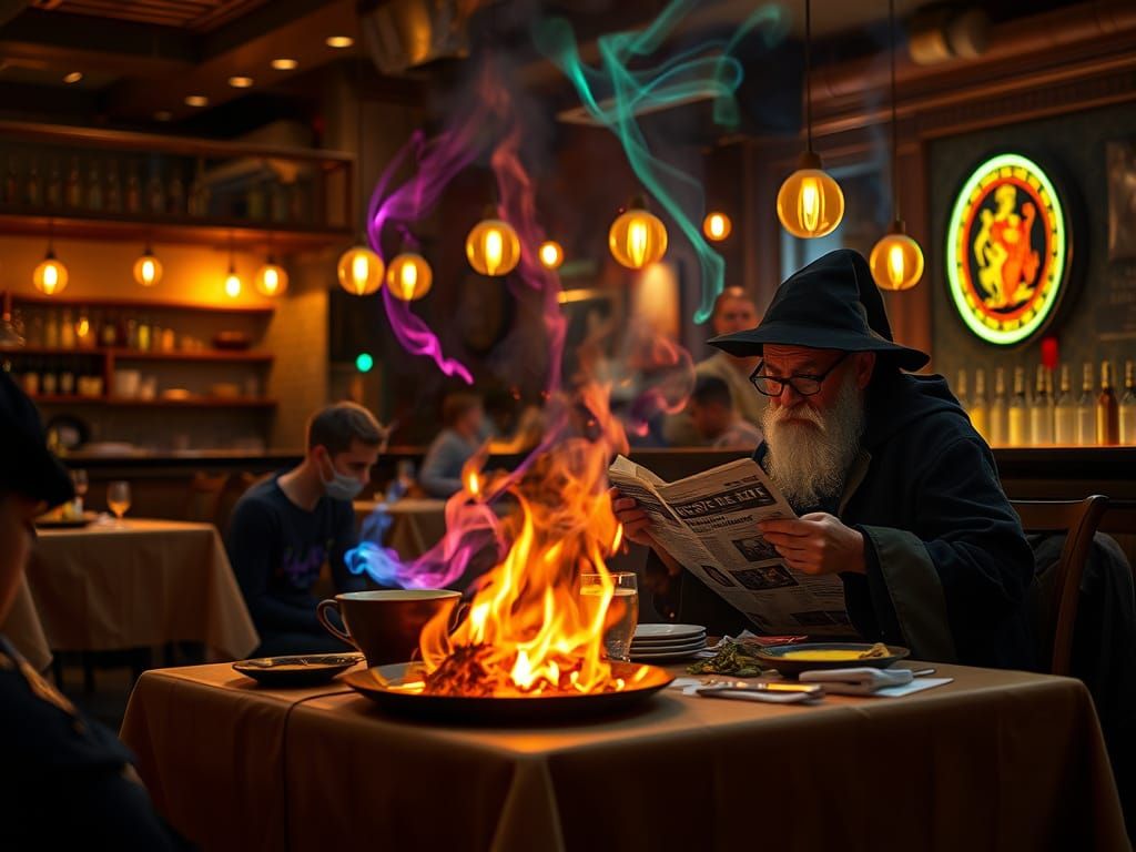 Wizard Cooks Dinner With Magic in Glowing Restaurant