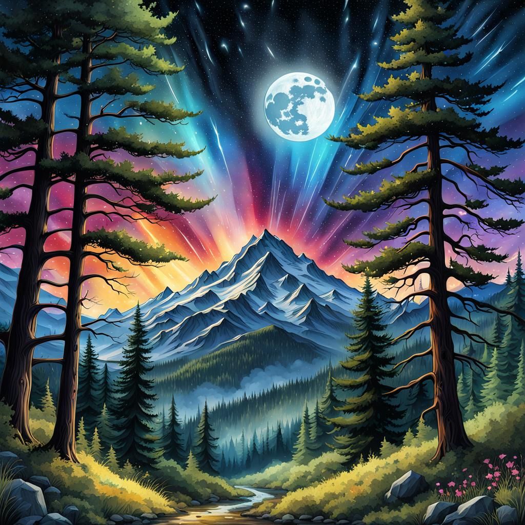 Gothic Forest Under Twinkling Stars in Watercolor