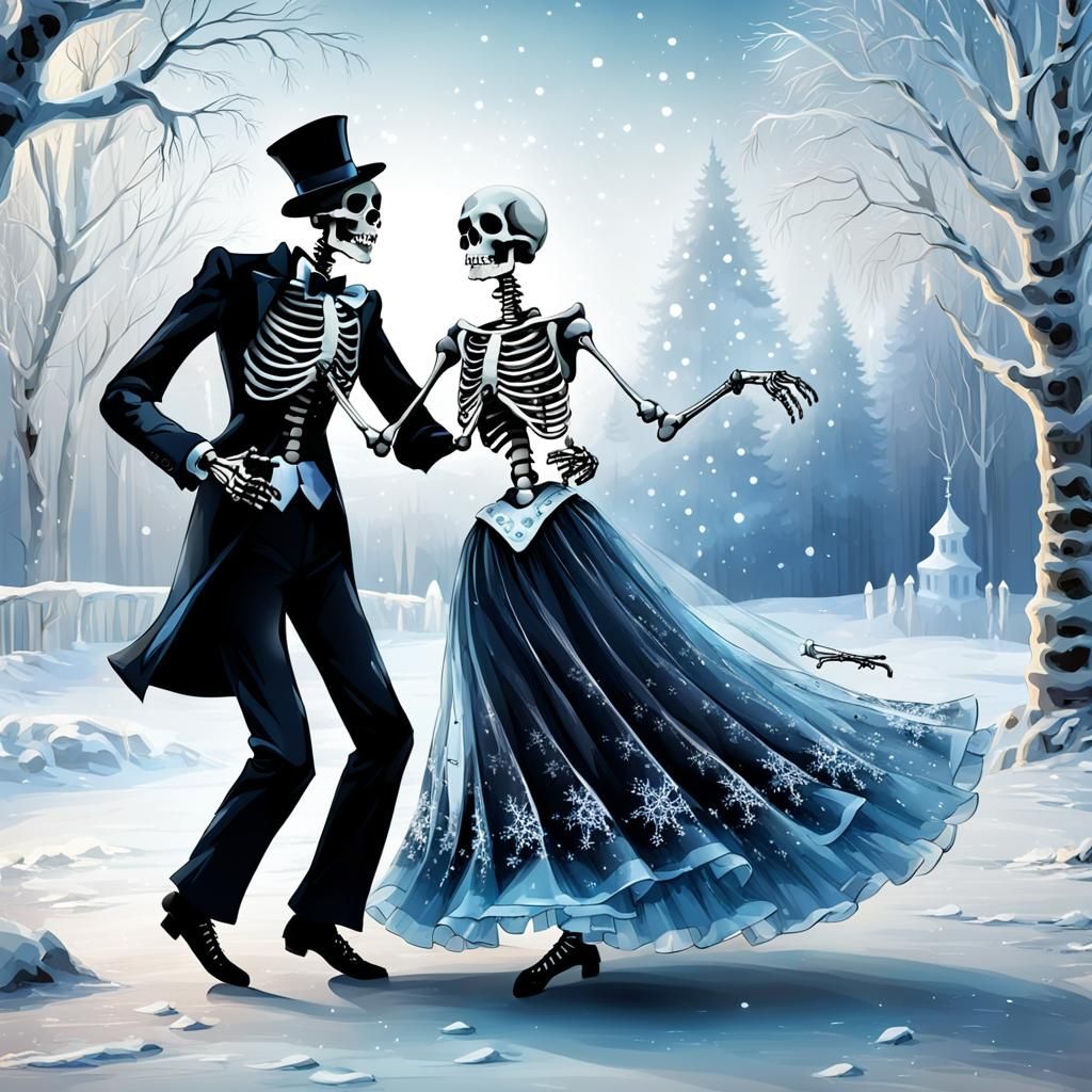 Skeletons Dancing Waltz at Winter Holiday on Ice