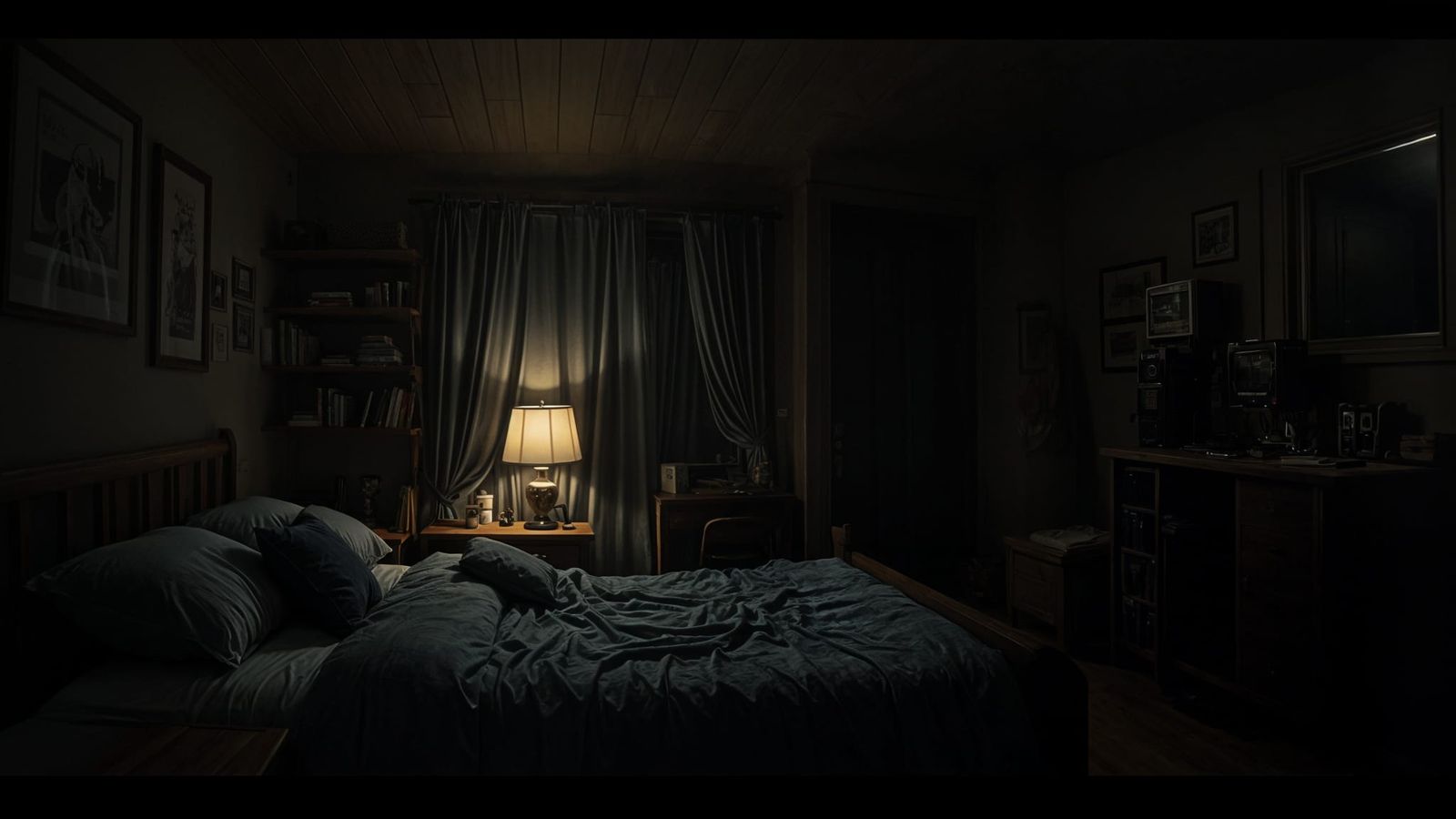 Cozy Dark Military Bedroom Interior at Night