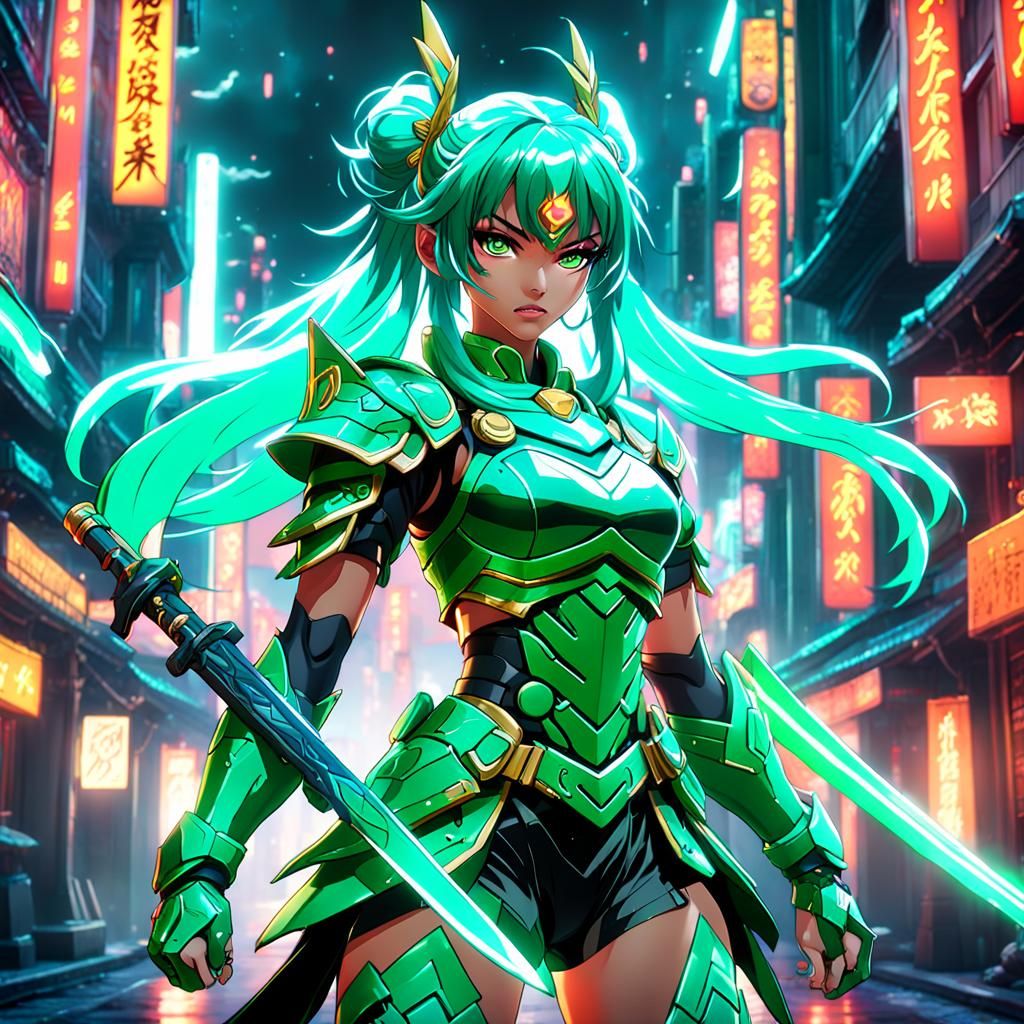 Neon Jade Warrior Anime Girl: Detailed Matte Painting