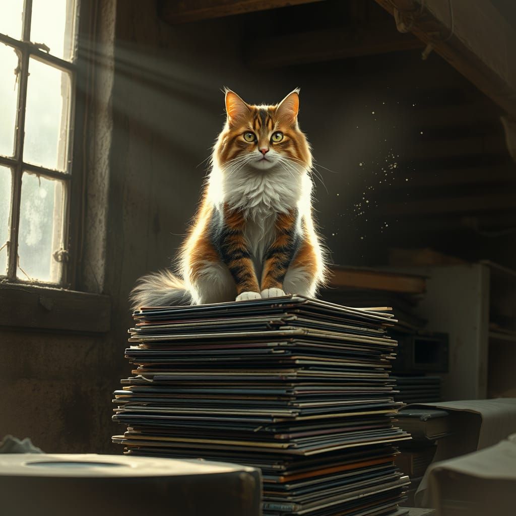 Fluffy Calico Cat on Vinyl Records in Dusty Attic