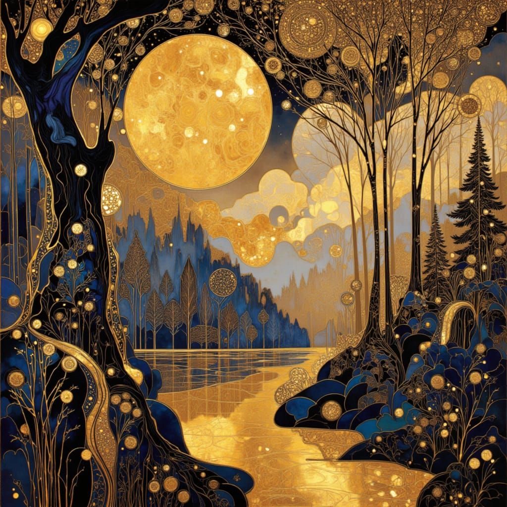 Ethereal Fantasy Landscape with Klimt-Inspired Gold Accents