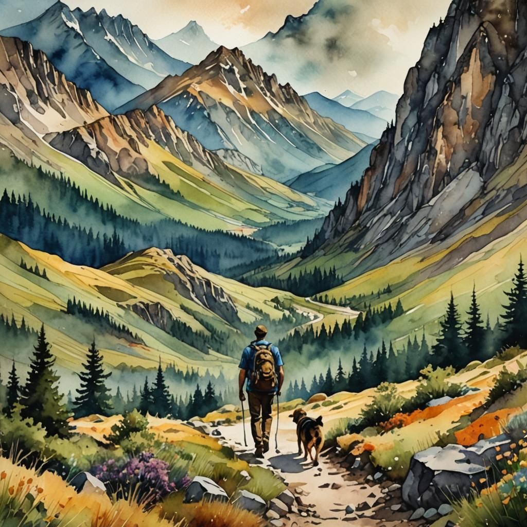 vintage watercolor and alcohol ink, man with backpack walkin...