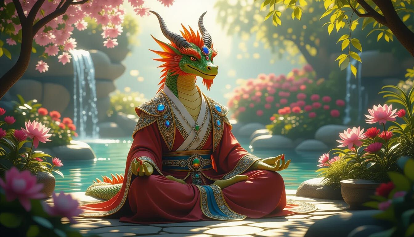 Meditating Dragon in Lush Garden, Hyperrealistic Render