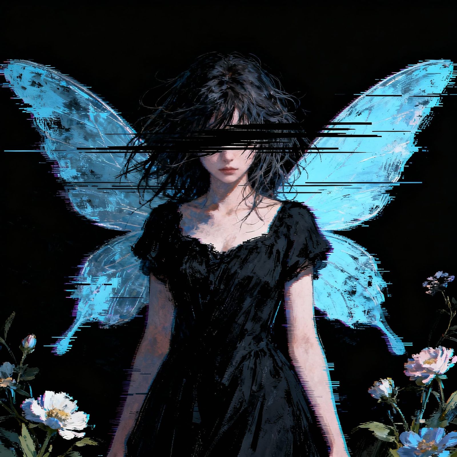 Glitch Art Fairy Painting with Messy Hair and Flowers