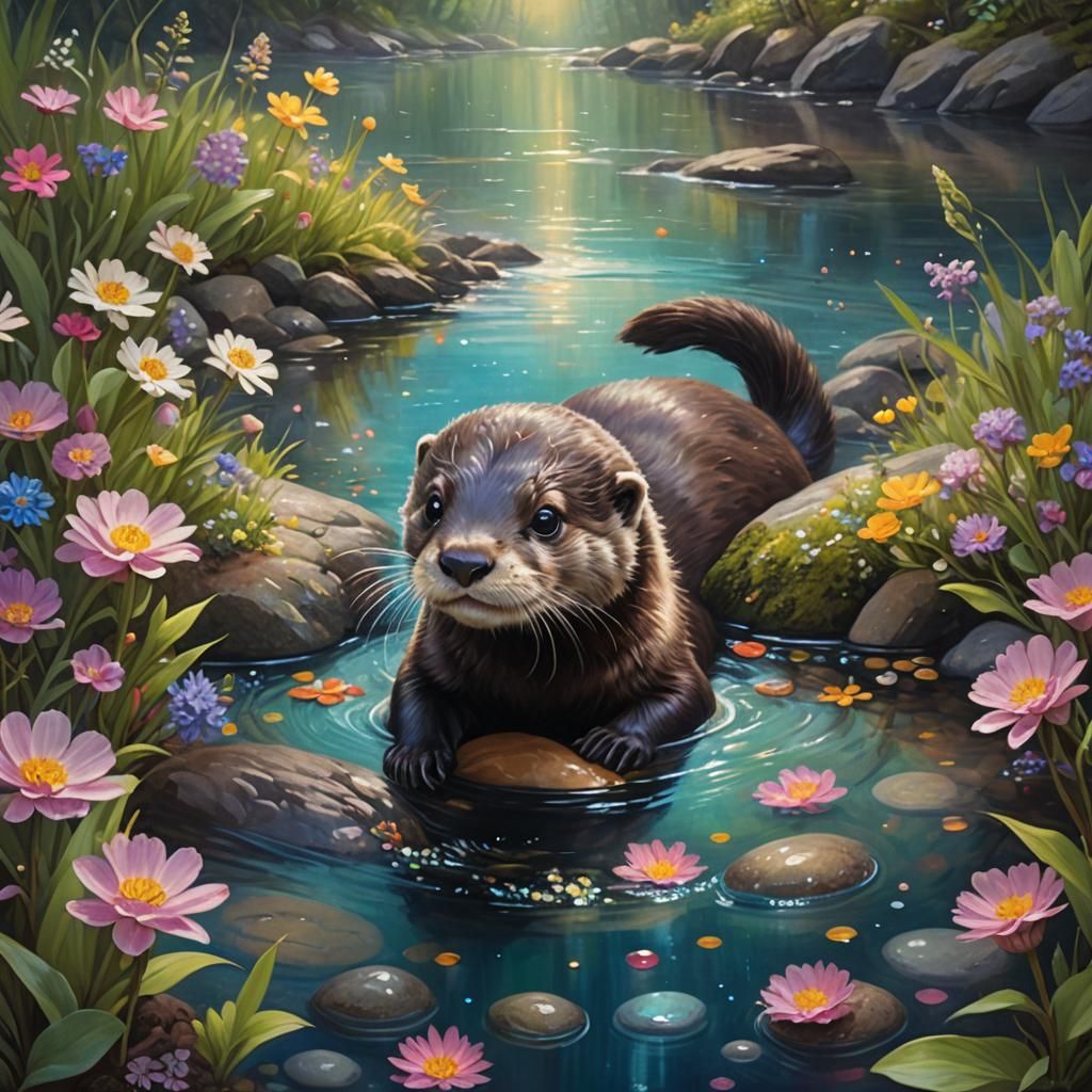Baby Otter Playing in River, Oil Painting by Gurney