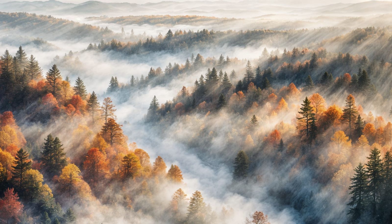 Vibrant Autumn Forest in Morning Fog with Translucent Birds