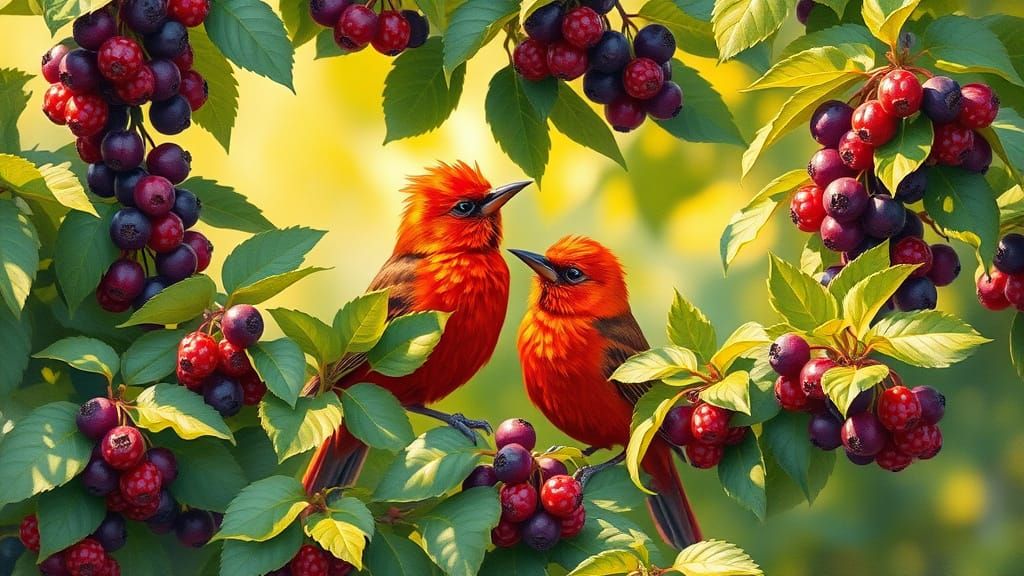 Scarlet Tanagers in Mulberry Bush, Impressionist Gouache