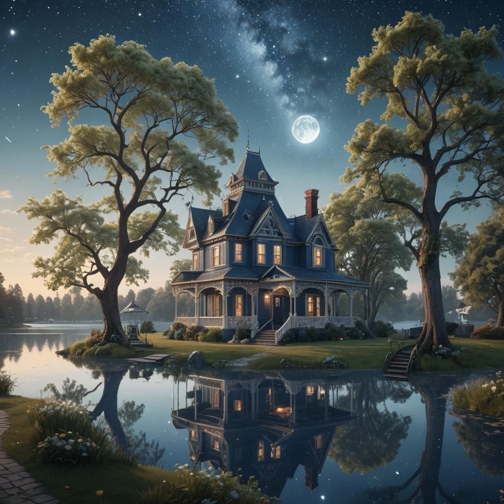 Victorian House with Lake and Starry Sky