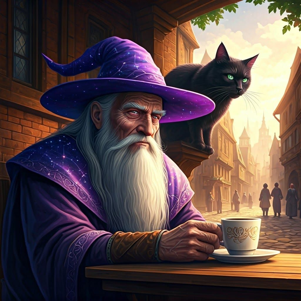 Grey-Haired Wizard Sits in Bustling Town Square