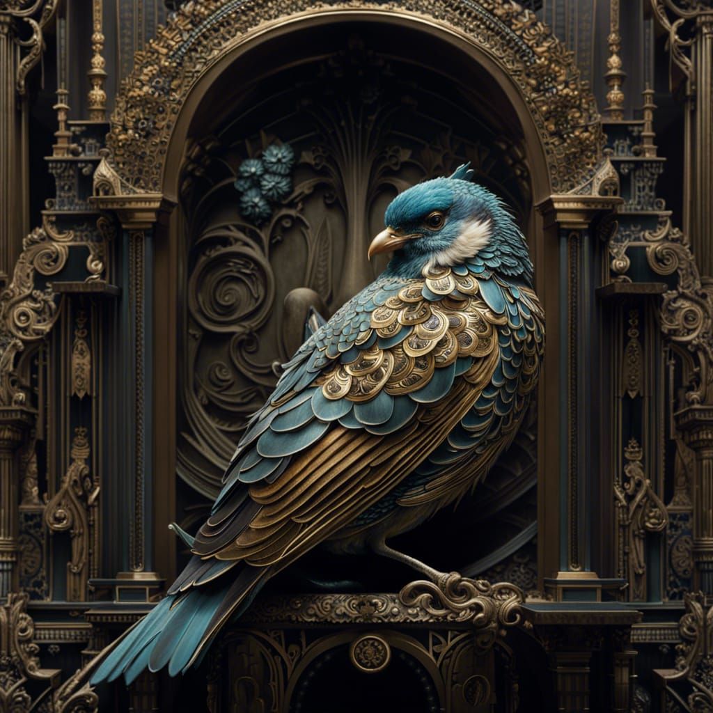 Ornate Bird Winds Up the World: Hyperrealistic Mixed-Media