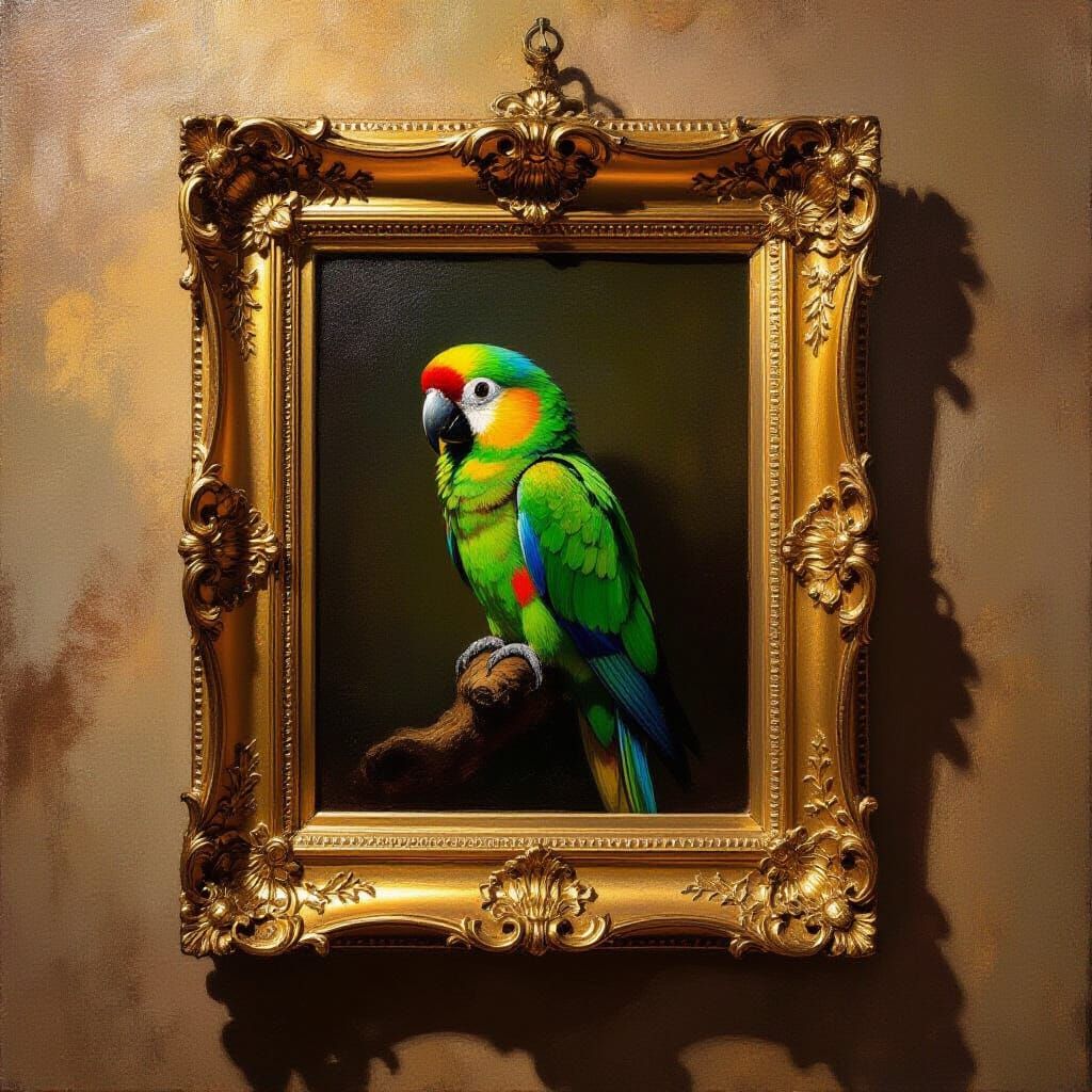 Vivid Emerald Parrot in Ornate Frame, Impressionist Oil Pain...