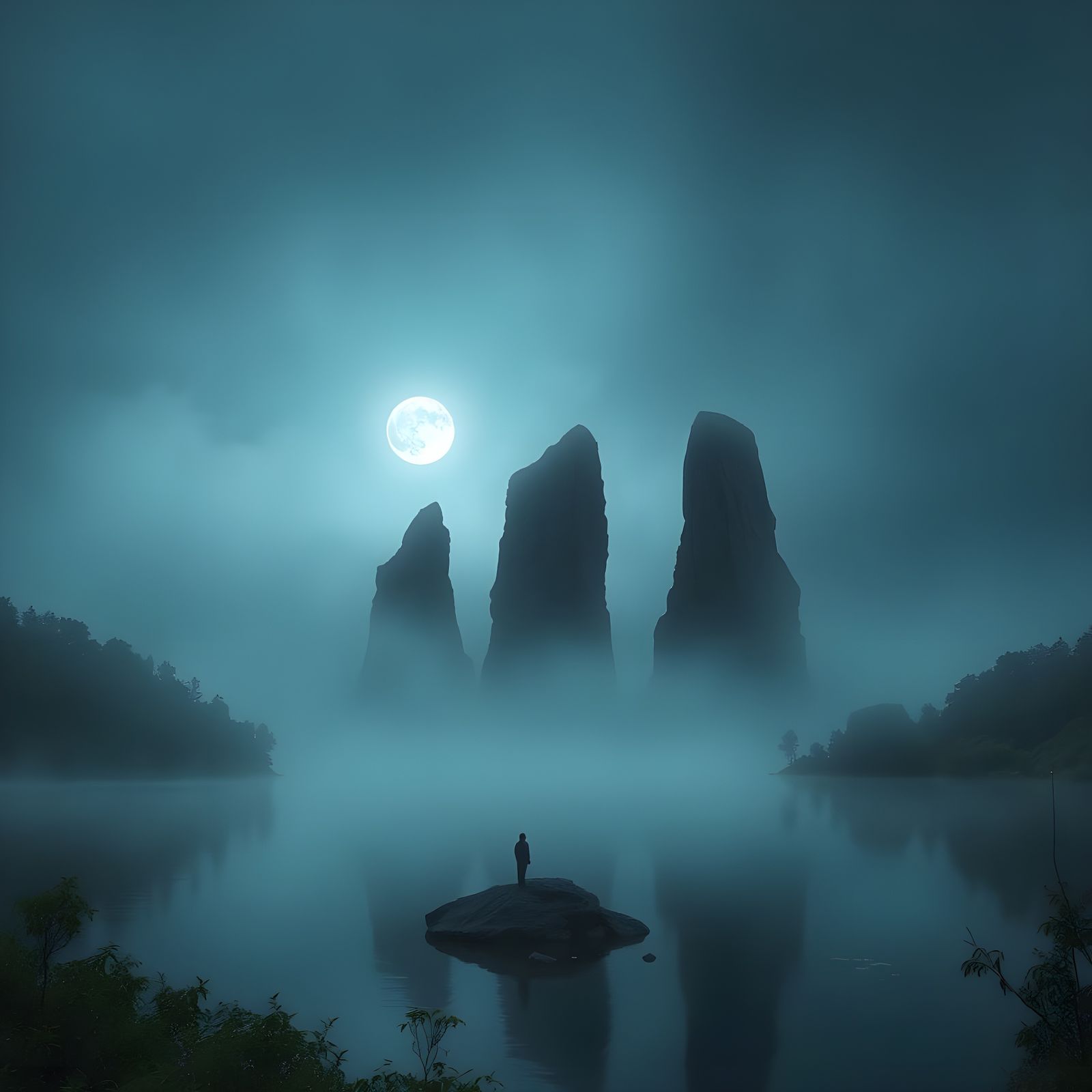 Moody Monolithic Structures Rise from Misty Lake