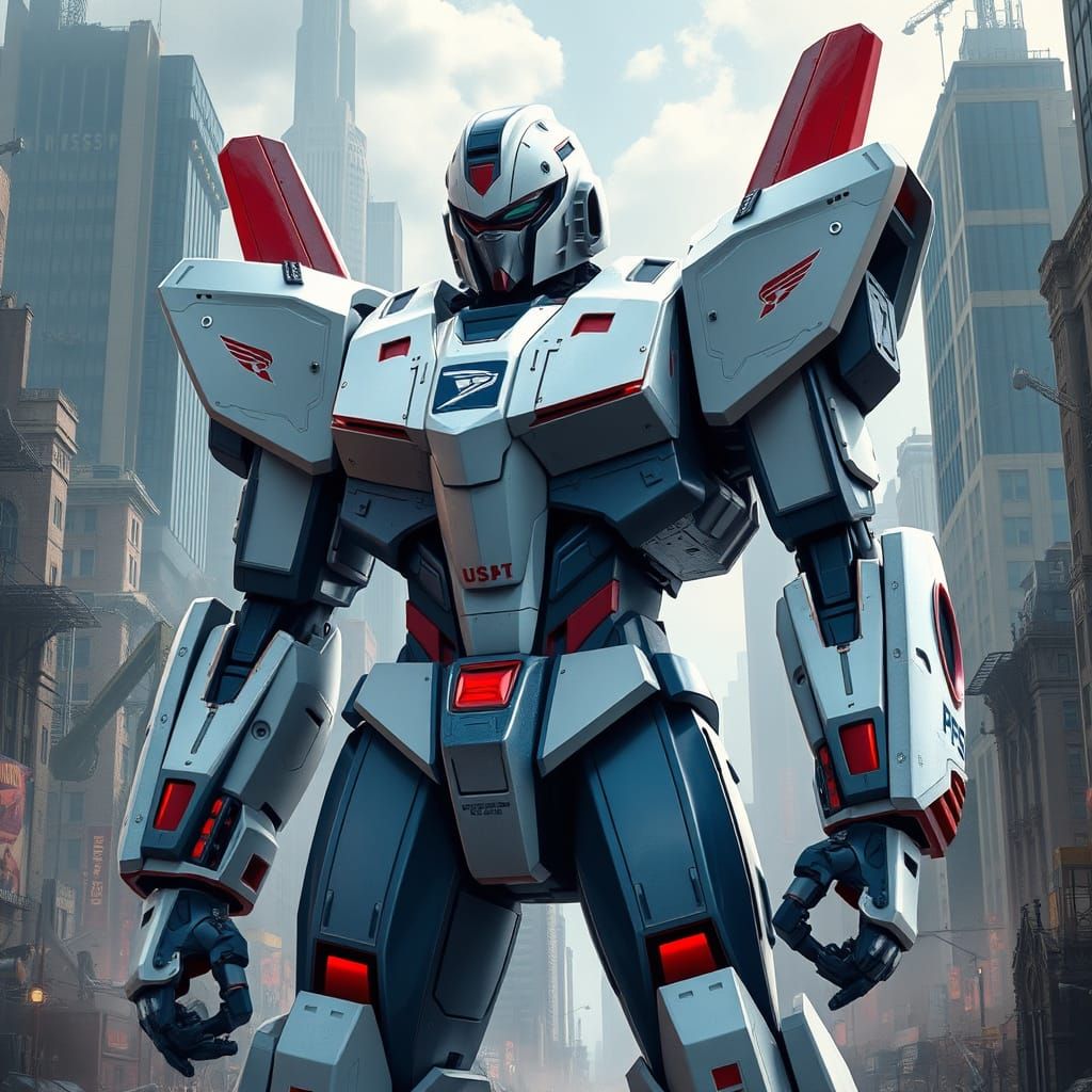 USPS Jaeger Robot in Battle-Worn Cityscape