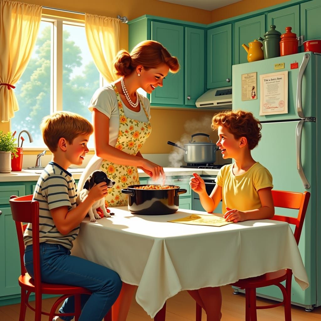 Vintage 1950s Kitchen Scene in Warm Gouache Colors